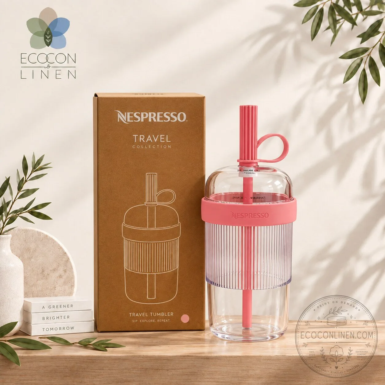 Nespresso Pink Tumbler Travel Cup with Straw