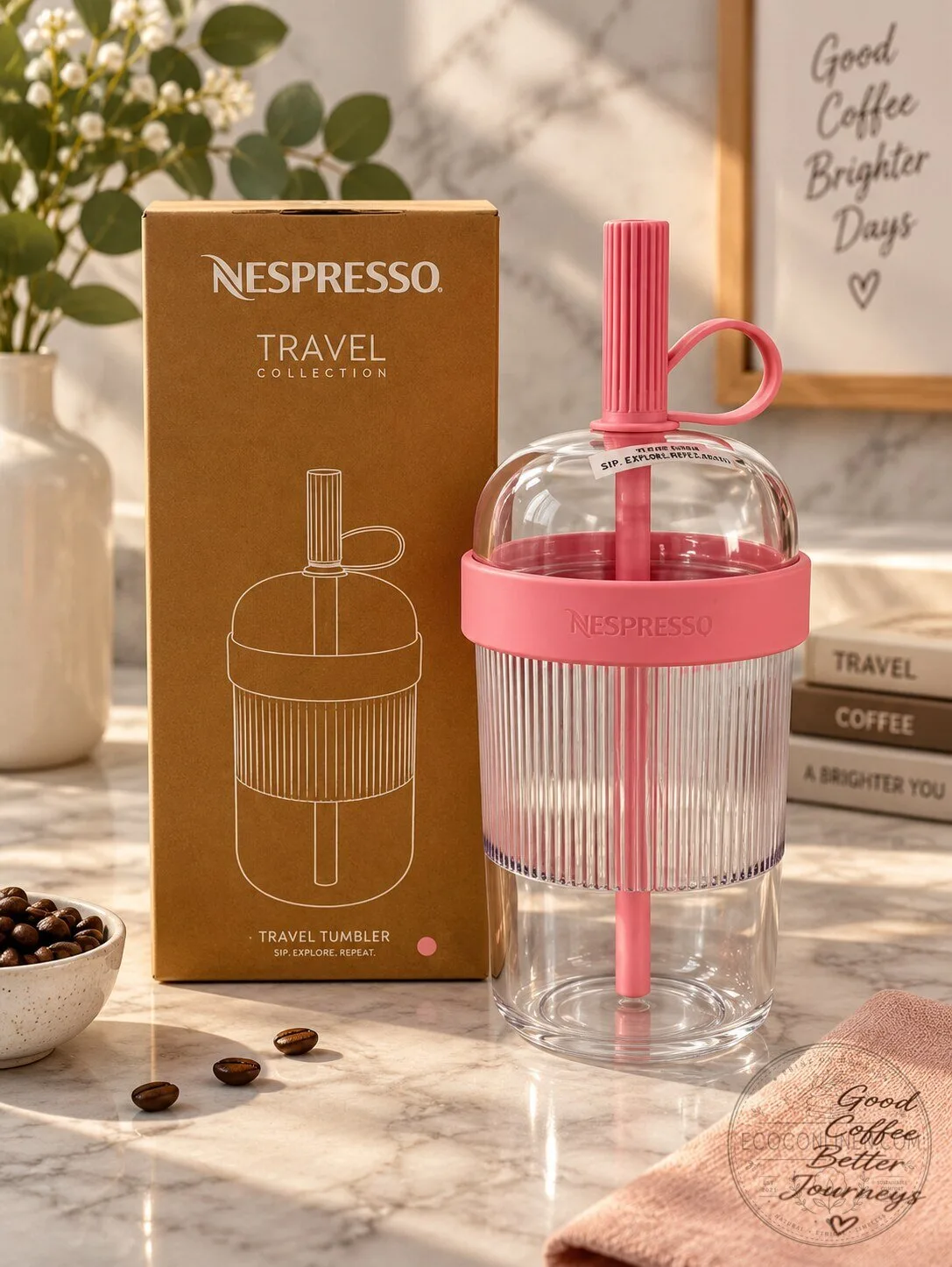 Nespresso Pink Tumbler Travel Cup with Straw 10 Nespresso Pink Tumbler Travel Cup with Straw